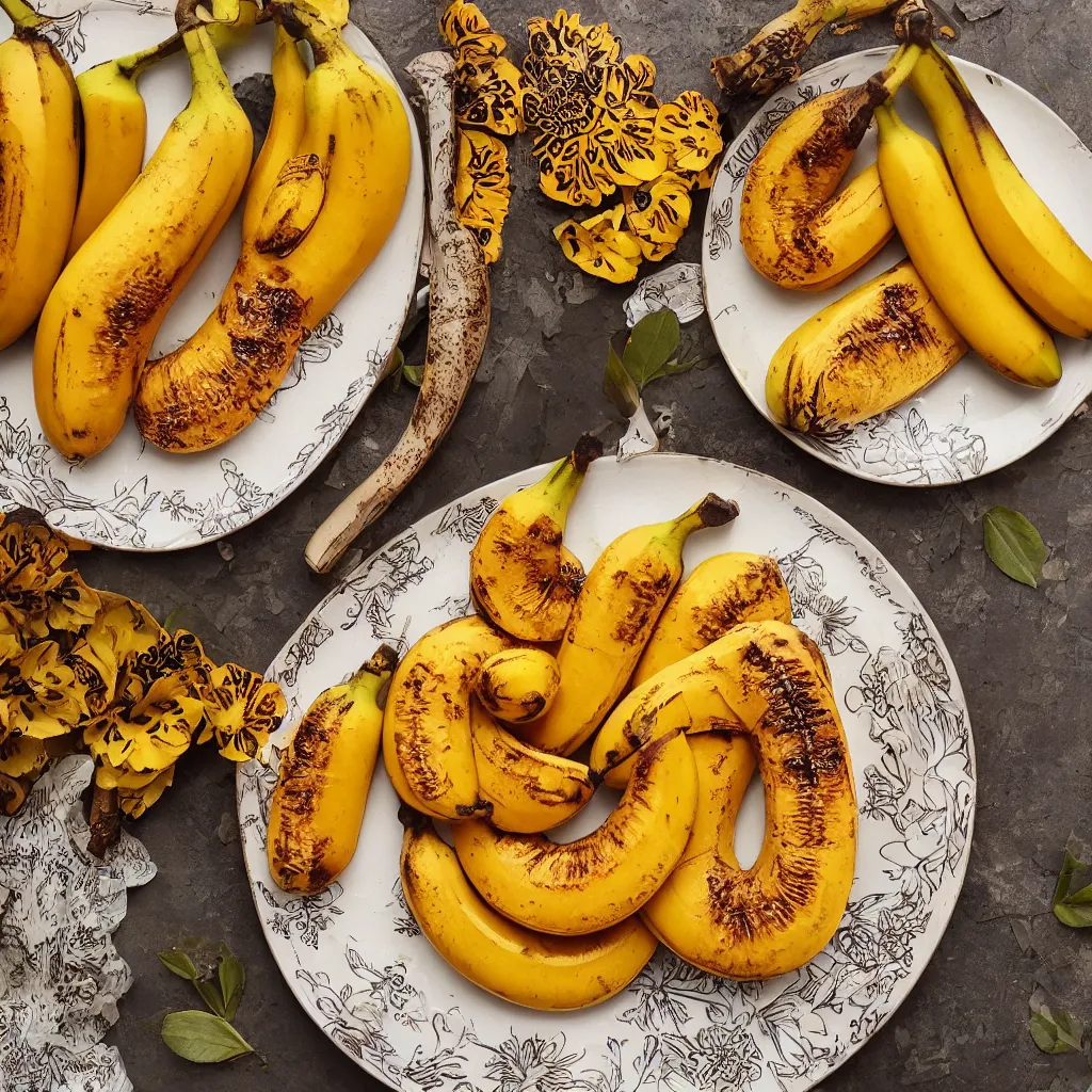 Image similar to roasted bananas with decorative orange skin, in designer plate with flowery pattern, closeup, hyper real, food photography, high quality