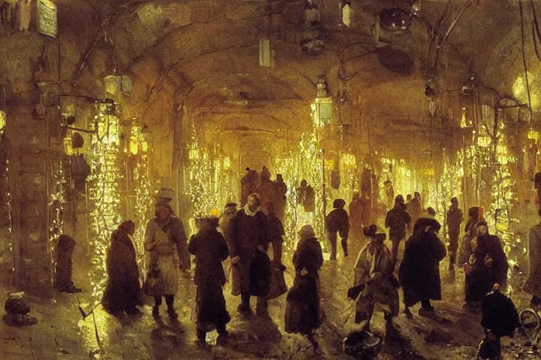 Image similar to people explore an underground city made of pipes, string lights, market place, by Ilya Repin