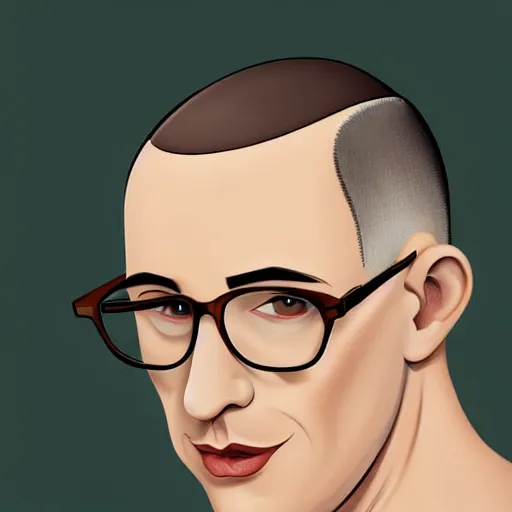 Prompt: 50 year old brunette man with very short hair, buzz cut, round round round face round face round face, square face, round jaw, wide chin , romanian, silver glasses, romanian heritage, brown eyes, olive skin, round nose, round chin, clean shaven wide face, thin lips, digital art, painterly, painting, 8k, illustration, art by loish, painterly, trending on artstation, medium shot, uncropped