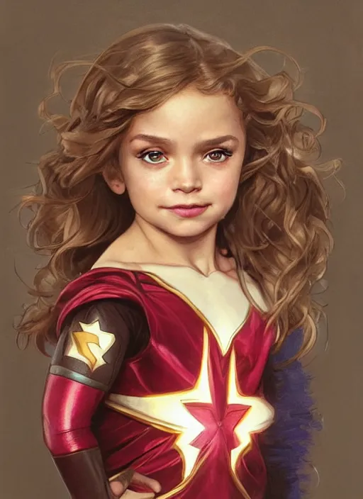 Image similar to a little girl with a mischievous face and light brown curly wavy hair. she is dressed as captain america, batman, the flash, captain marvel, wonder woman, a superhero. clean elegant painting, beautiful detailed face. by artgerm and greg rutkowski and alphonse mucha