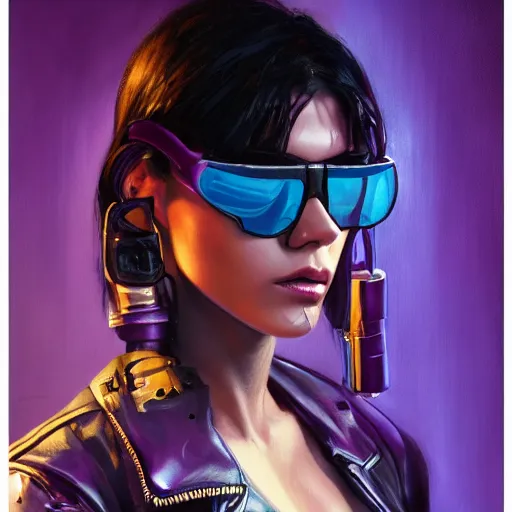 Image similar to very detailed masterpiece painting of a very beautiful wet young mexican cyberpunk woman with blue shutter shades, dark purple hair and a purple leather jacket, closeup, cyberpunk background, purple lighting, raining, portrait, artstation, concept art by greg rutkowski