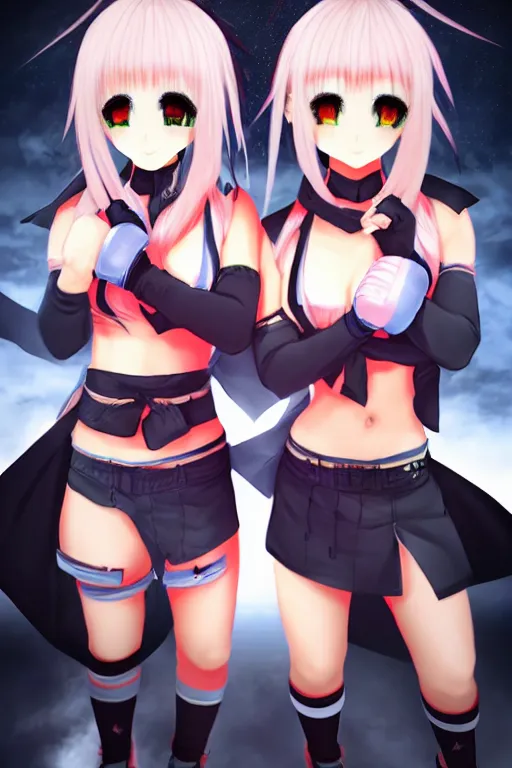 Image similar to two beautiful female fighters with short twintails facing each other, gorgeous features, dark background, detailed anime art