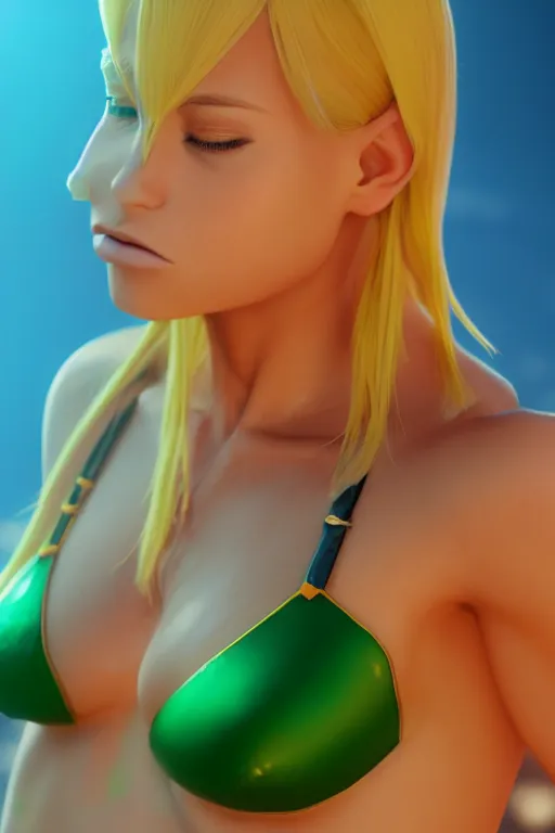 Image similar to beautiful blond woman in orange tribal bikini, blond hair pulled back off the face, green eyes, by makoto shinkai, 8 k, high resolution render, cinematic, unreal engine, clean lineart and flat color,