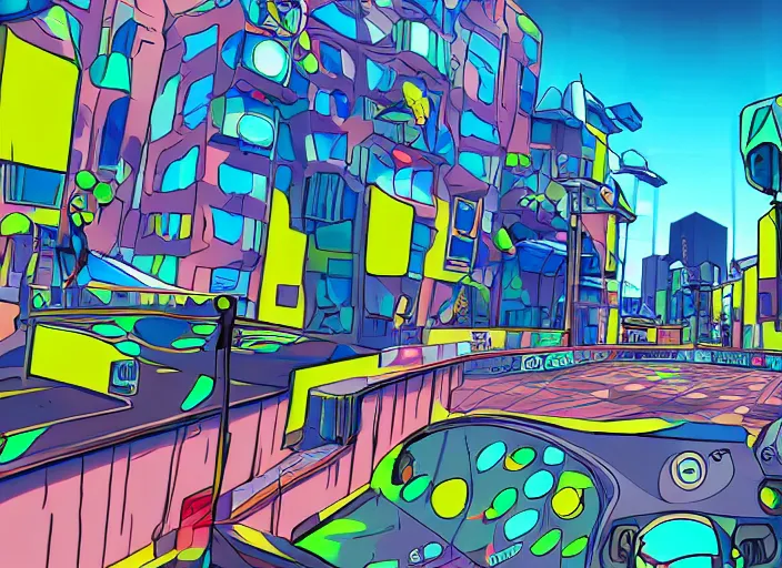 Prompt: screenshot of a cel shaded skateboarding game, cel shading, colourful, futuristic city, screenshot, highly detailed, 8 k, graffiti