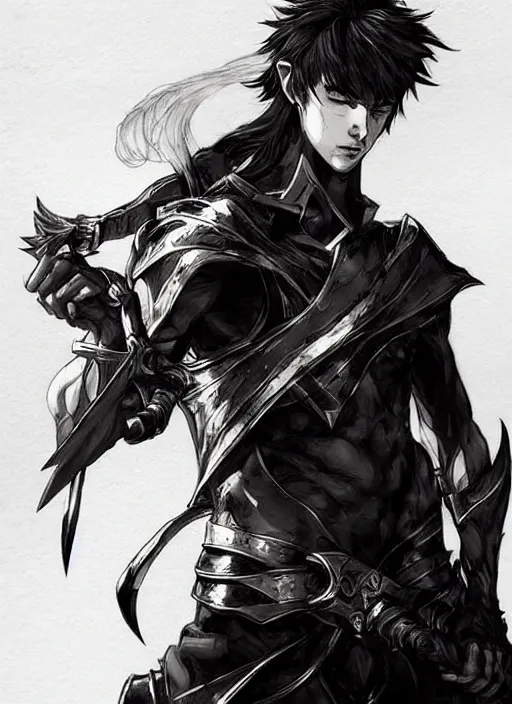 Image similar to Half body portrait of a young prodigy elven male swordman wielding fire. In style of Yoji Shinkawa and Hyung-tae Kim, trending on ArtStation, dark fantasy, great composition, concept art, highly detailed, dynamic pose.
