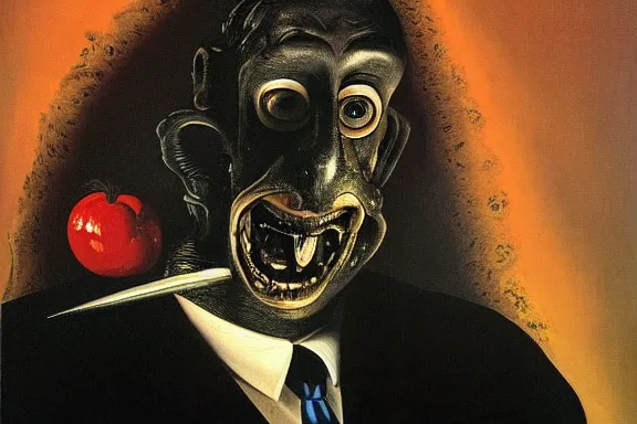 Image similar to oil painting with black background by christian rex van dali todd schorr of a chiaroscuro portrait of an extremely bizarre disturbing mutated man with acne intense chiaroscuro obscuring features lighting perfect composition masterpiece