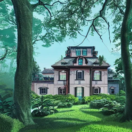 Prompt: beautiful old mansion surrounded by lushwoods in style of ghibli