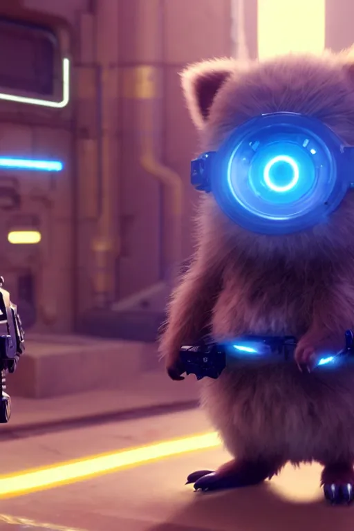 Prompt: high quality video game sci - fi very cute fluffy! wombat!! cyborg soldier with futuristic mechanical parts, cyberpunk monocle!, highly detailed, unreal engine cinematic smooth, in the style of detective pikachu, hannah yata charlie immer, dark blue neon light, low angle, uhd 8 k, sharp focus