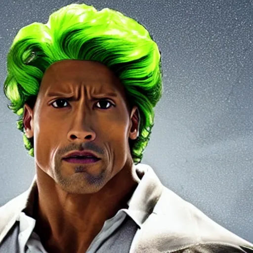 Prompt: dwayne johnson flexing with a curly bright green wig