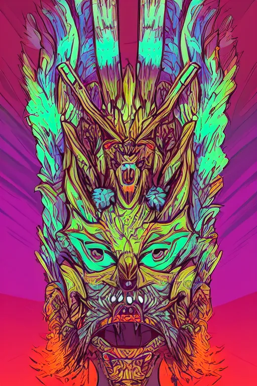 Image similar to totem animal mask tribal feather gemstone plant wood rock shaman vodoo video game vector illustration vivid multicolor borderlands comics by josan gonzales and dan mumford radiating a glowing aura