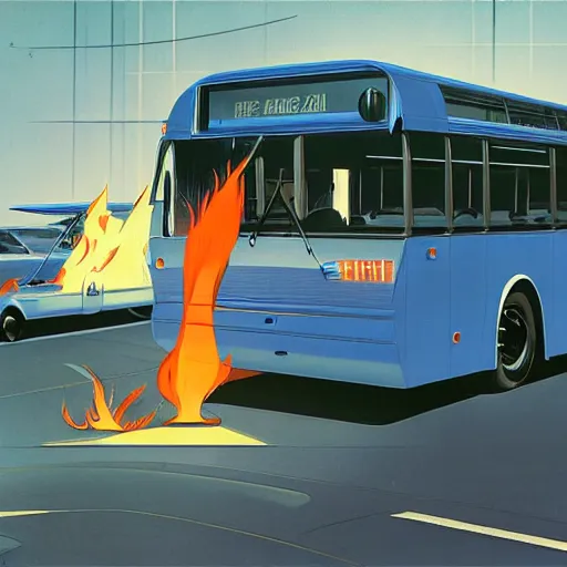 Image similar to concept art for bus with flamethrower, painted by syd mead, high quality