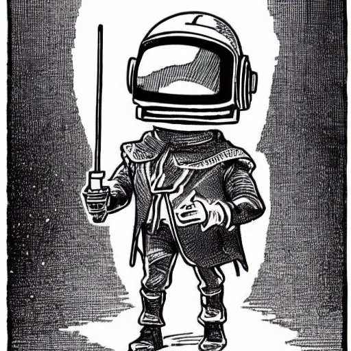 Image similar to sketch of a cute chibi dnd daft punk gnome inventor tinkerer wearing a helmet, walking cautiously, etching by louis le breton, moebius 1 8 6 9, 1 2 0 0 dpi scan