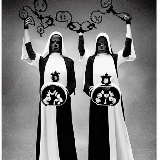 Image similar to black and white, award winning photo, levitating twin nuns each having 6 arms, wearing swimsuit, pentgram necklace, a guillotine is depicted, the nuns have Very long arms, in a sanctuary, eerie, frightening —width 1024 —height 1024