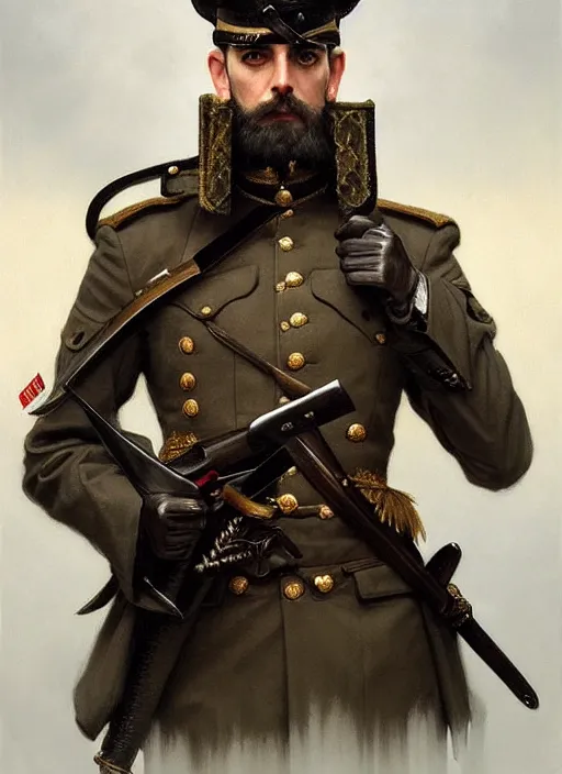 Image similar to portrait of stoic looking miniature schnauzer, military uniform, black fir, white eyebrows, fantasy, intricate, elegant, highly detailed, centered, dark, smokey, digital painting, artstation, concept art, smooth, sharp focus, illustration, art by artgerm and greg rutkowski and alphonse mucha