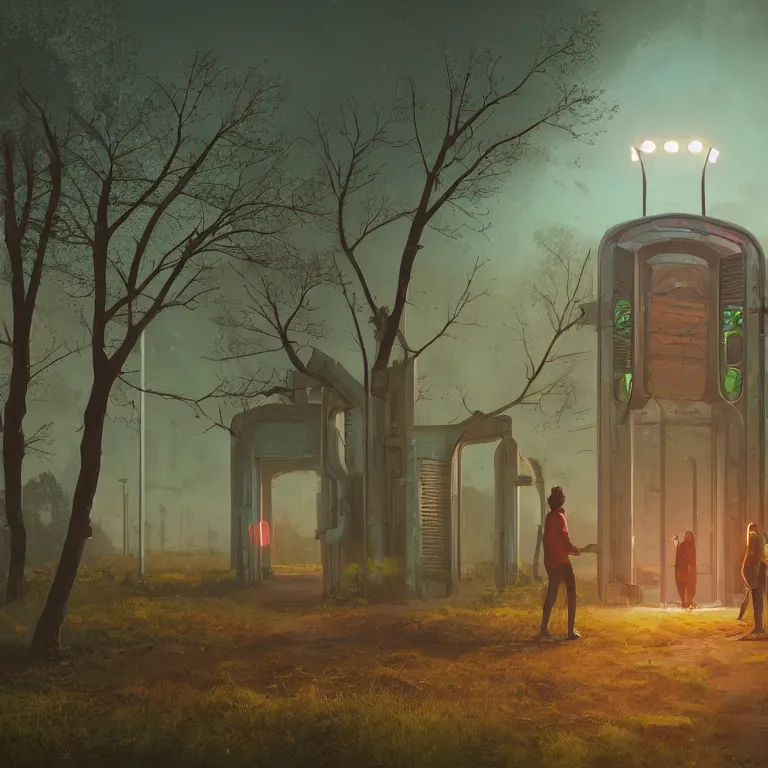 Prompt: through a portal. Detailed digital matte painting in the style of simon stalenhag