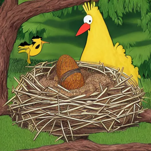 Prompt: Goofy laying eggs in a nest while big bird watches on, a proud and loving look on his face, digital artwork