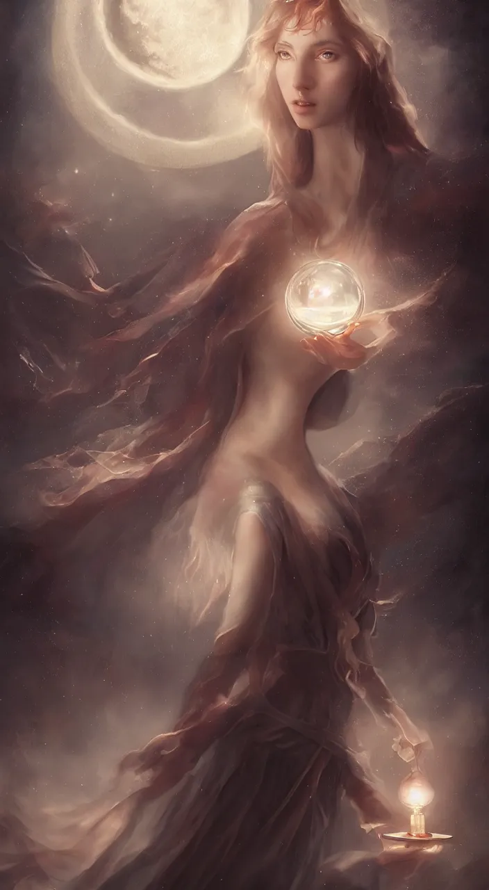 Image similar to a beautiful young witch with a crystal ball, a moon in the sky above, painted by artgerm and tom bagshaw, fantasy art, dramatic lighting, highly detailed oil painting, volumetric lighting