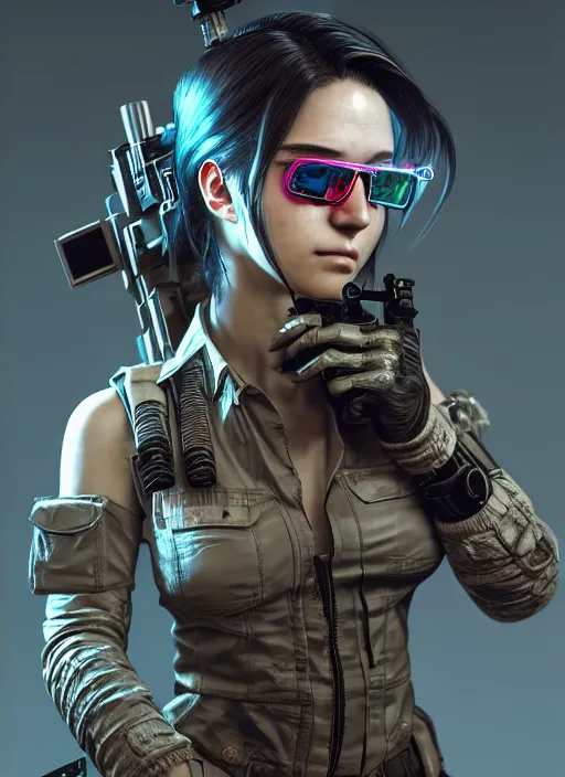 Image similar to the portrait of lawful neutral female cyberpunk marine sniper as absurdly beautiful, gorgeous, elegant, young gravure idol, an ultrafine hyperdetailed illustration by kim jung gi, irakli nadar, intricate linework, bright colors, octopath traveler, final fantasy, unreal engine 5 highly rendered, global illumination, radiant light, detailed and intricate environment