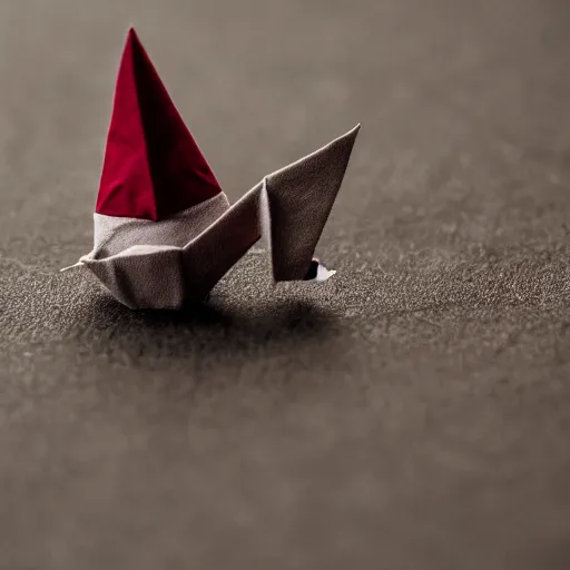 Image similar to close up photo of a small origami gnome, cinematic, shallow dof, 3 5 mm, 4 k, macro