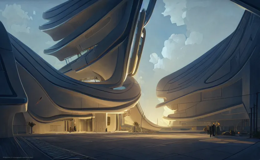 Image similar to exterior shot of utopian architecture laboratory with cinematic lighting by zaha hadid and renzo piano, darek zabrocki and greg ruthkowski, alphonse mucha, simon stalenhag, cinematic, deus ex!!!!, scifi, futurism, atmospheric, sunset, concept art, artstation, trending on artstation