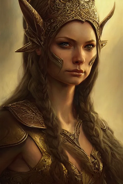 Image similar to female elven warrior portrait | highly detailed | very intricate | symmetrical | cinematic lighting | award - winning | closeup portrait | painted by donato giancola and mandy jurgens and charlie bowater | featured on artstation