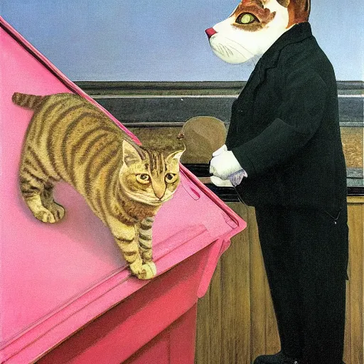 Prompt: Portrait of Man disguised as Tabby Cat wearing a pink tuxedo Standing atop a Garbage Truck Newell Convers Wyeth Andrew Wyeth Jamie Wyeth