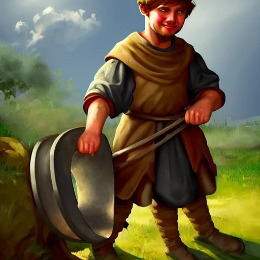 Image similar to medieval peasant boy and blacksmith, artstation, fantasy