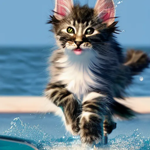 Image similar to Anthromorphic Maine coon kitten is a Water skiing champion, action shot. At south beach FL. 3D render