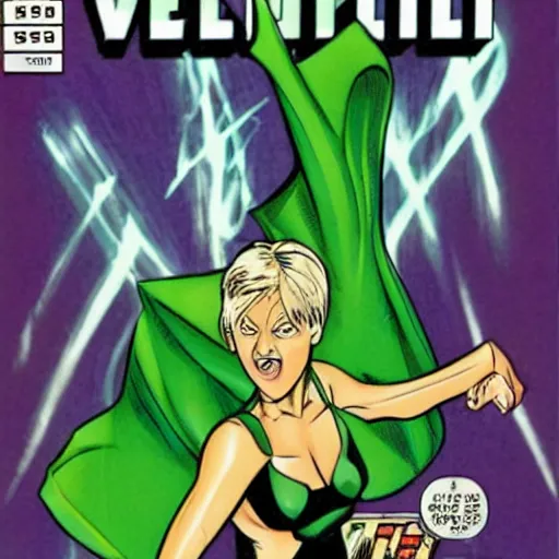 Image similar to comic book cover from 1998, super villain Ellen DeGeneres