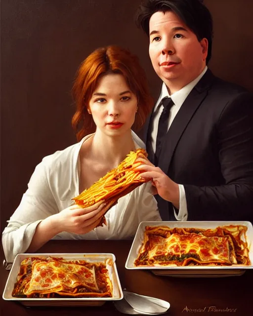 Prompt: Portrait of Michael Mcintyre & a blonde lady eating lasagna on r das flores in Porto,real life skin, intricate, elegant, highly detailed, artstation, concept art, smooth, sharp focus, art by artgerm and greg rutkowski and alphonse mucha