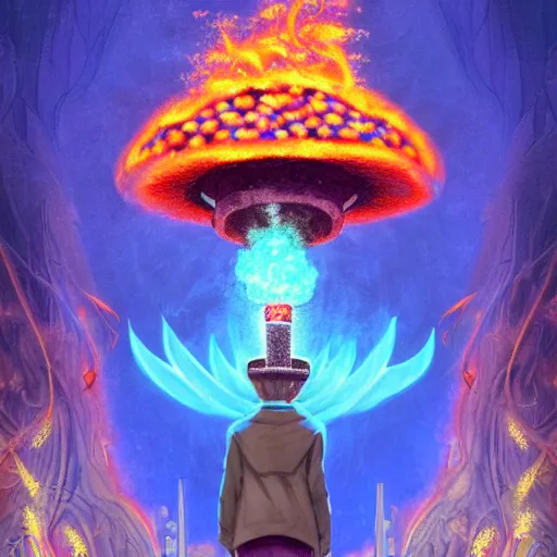 Image similar to 8K headshot Portrait of centered chest up of a psychedelic godlike mothman with giant mandala wings smoking a hand-rolled cigarette smoking heavily , magic mushroom village in background , post-processing , award winning. superb resolution. in the art style of Satoshi Kon and Greg Rutkowski . Detailed Mushroom city in background. Hyper realistic anime. Perfect art. Dalle2