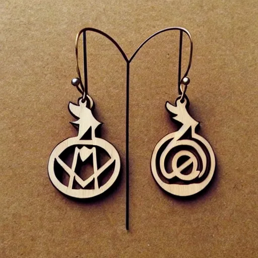 Image similar to 2 d wood lasercut earrings, mystical symbols, 8 k, hd, trending on artstation, trending on deviantart, trending on etsy, epic digital art