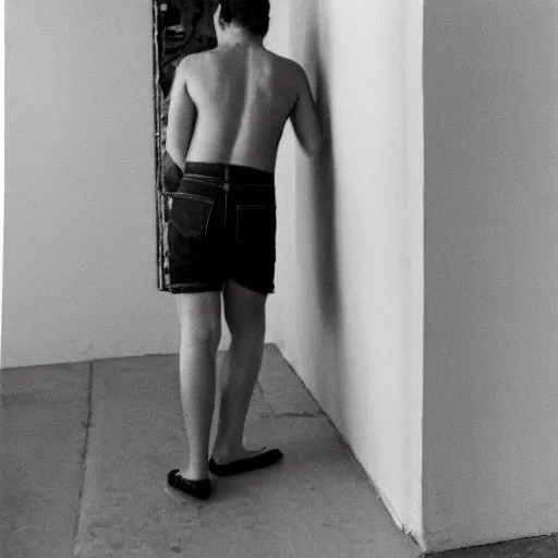 Image similar to fidel castro wearing denim shorts, from behind, full body portrait, 3 5 mm film, by nan goldin