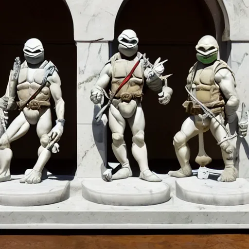 Image similar to teenage mutant ninja turtles as a sculpture from the renaissance made of white marble, high details, cinematic, photorealistic