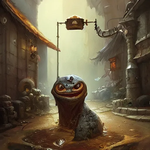 Prompt: anthropomorphic puddle with an angry sneer lurking in a damp alleyway , concept art, painting by Justin Gerard