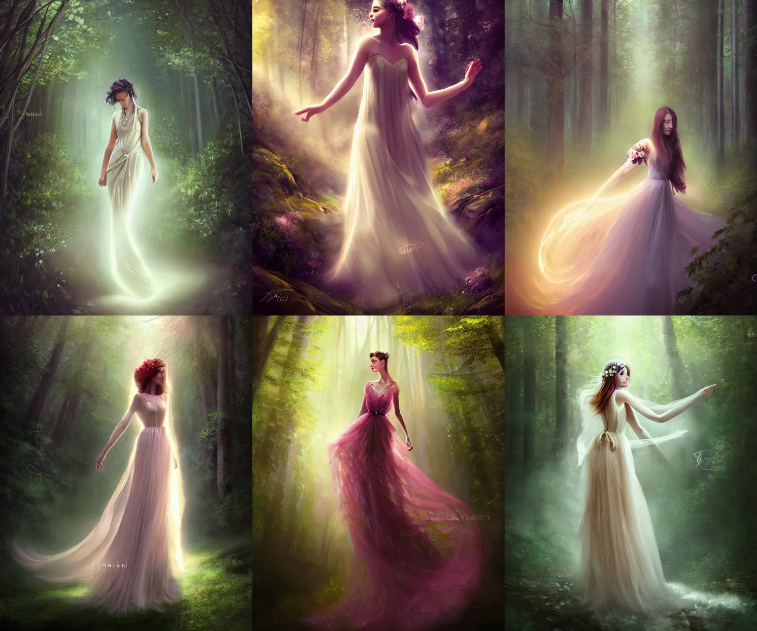 Prompt: elegant woman wearing a flowing flower dress in the forest, haute couture, radiant light, artgerm, wlop, photorealism, fantasy, halo of light