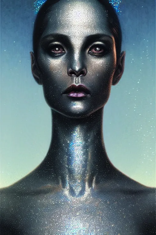 Prompt: pearlescent!!! black lilith! the primordial mother of all monsters!! stares into the sky, covered in iridescent glitter!!, raining ash, fine art masterpiece, highly detailed dino valls wayne barlowe machiej kuciara, dramatic lighting, medium shot, side angle, uhd 8 k, sharp focus