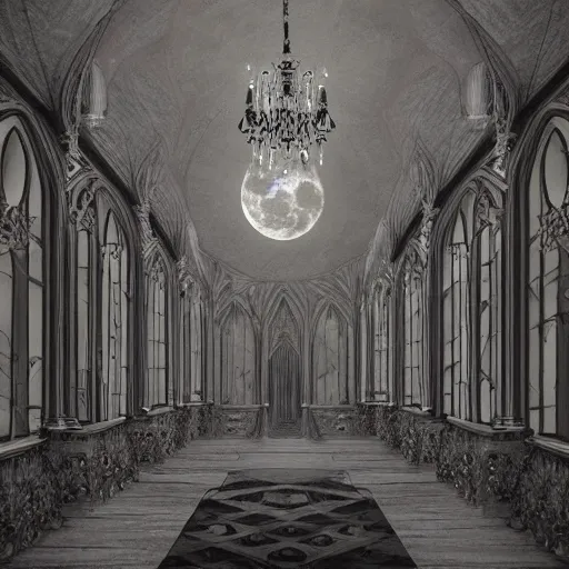 Image similar to large gothic hall with large chandelier under the ceiling, eyes over the windows, horror movie, moonlight, artstation, detailed, colorfull, futuristic