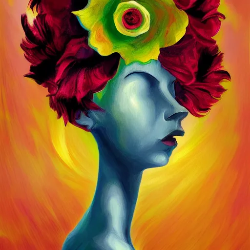 Image similar to huge flower as head, woman standing in a luxury apartment, surreal, dramatic light, impressionist painting, digital painting, artstation, georgia o'keeffe