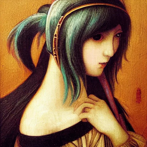 Prompt: hatsune miku in the style of leonardo da vinci, oil painting