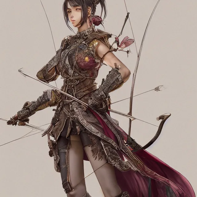 Image similar to the portrait of lawful neutral semi - colorful female archer socialite as absurdly beautiful, gorgeous, elegant, young gravure idol, an ultrafine hyperdetailed illustration by kim jung gi, irakli nadar, intricate linework, bright colors, octopath traveler, final fantasy, unreal engine 5 highly rendered, global illumination, radiant light, detailed and intricate environment