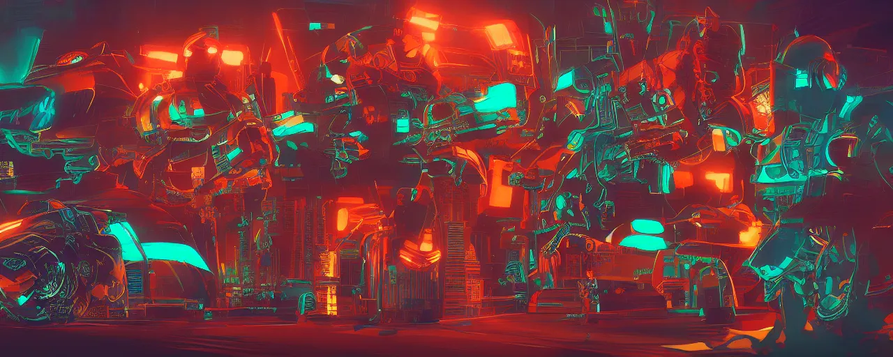 Prompt: cyborg detective and four fat cats, retrowave orange and turquoise, synthwave intricate detailed, photobash concept art