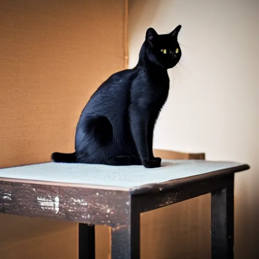 Image similar to studio photograph of a black cat sitting on a table