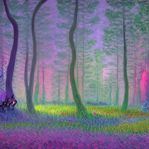 Image similar to Magical fairy forest by Simon Stålenhag and Claude Monet