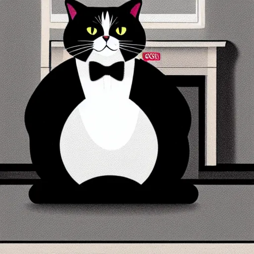 Image similar to photograph of a very fat and judgmental cat wearing a full tuxedo sitting in a dimly lit parlor lounge