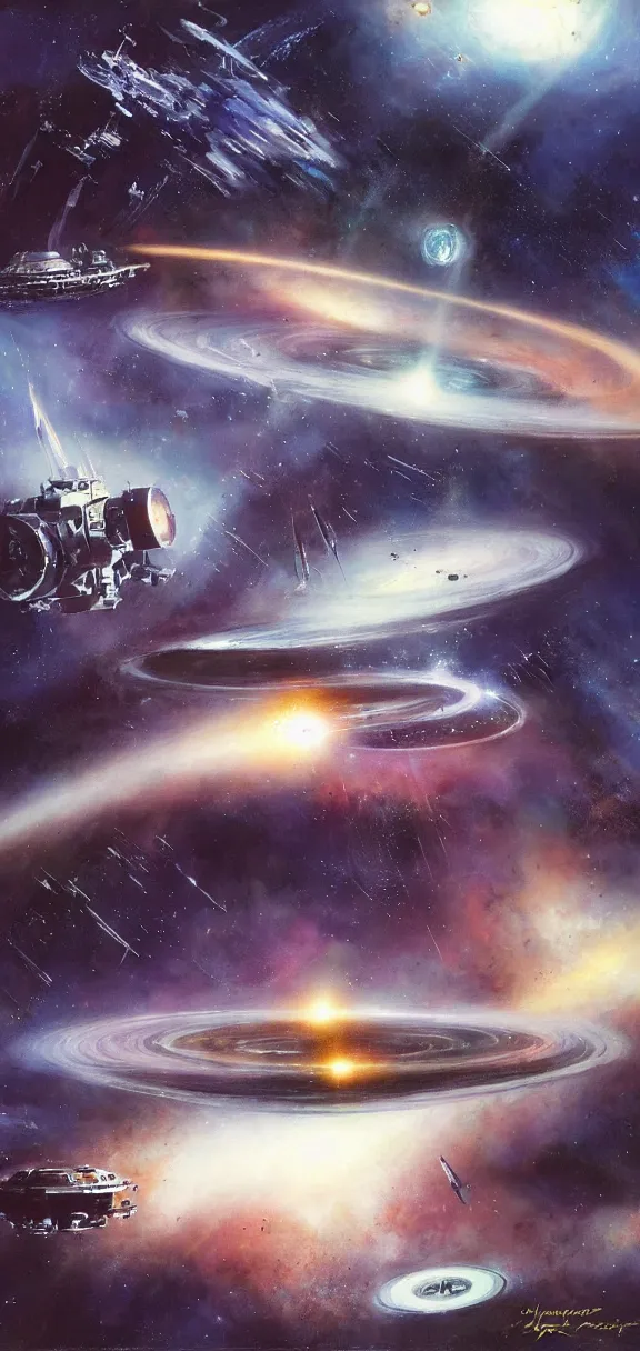 Image similar to a spaceship dreadnought lazily entering a black hole, deep space exploration, concept art, by john berkey