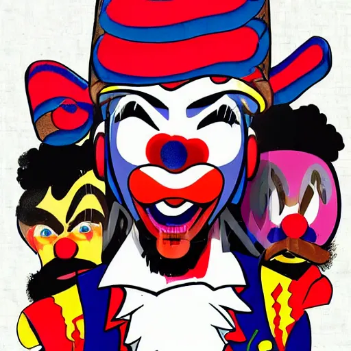 Prompt: clown mr. t pop band, detailed facial expressions, 1 9 8 0 s aesthetic