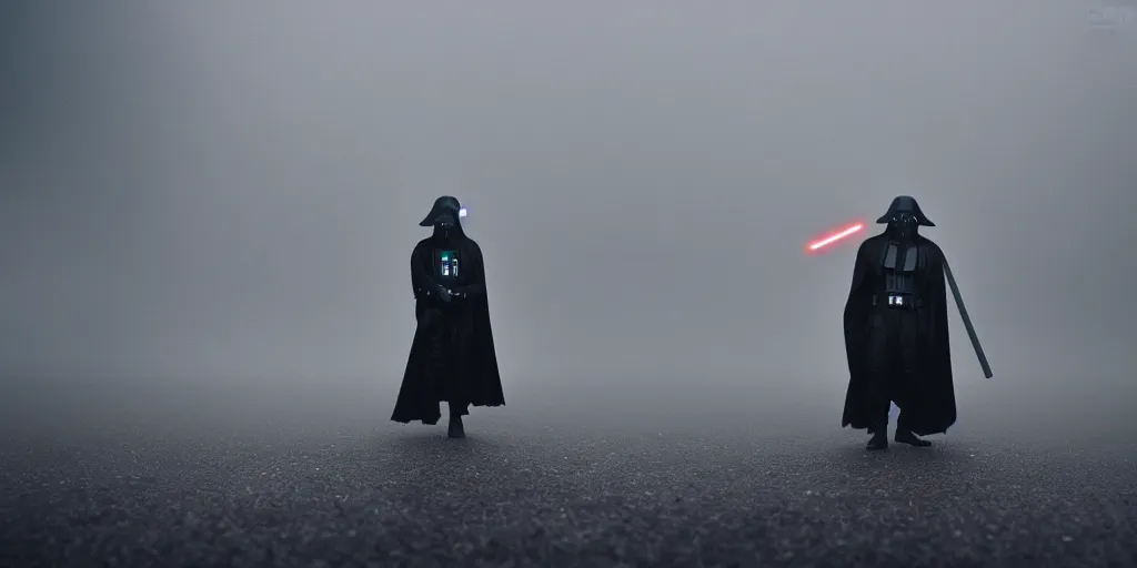 Image similar to sith lord with lightsaber, fog on the ground, heavy rain, lightning, moody lighting, shallow depth of field,