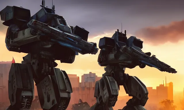 Image similar to Mechs defending the city at sunset, photorealistic, hyperrealistic, digital illustrations, sci-fi illustrations, mechwarrior, battletech, highly detailed, intricate, award-winning, mecha, gritty, beautiful colors, hdr, rendered in Octane, rendered in Unreal engine, 4k, ultra hd