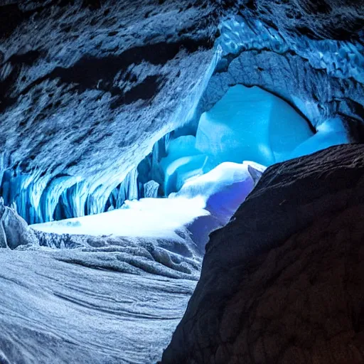 Image similar to dark glacier cave with a glowing spike of ice in the center, surreal,